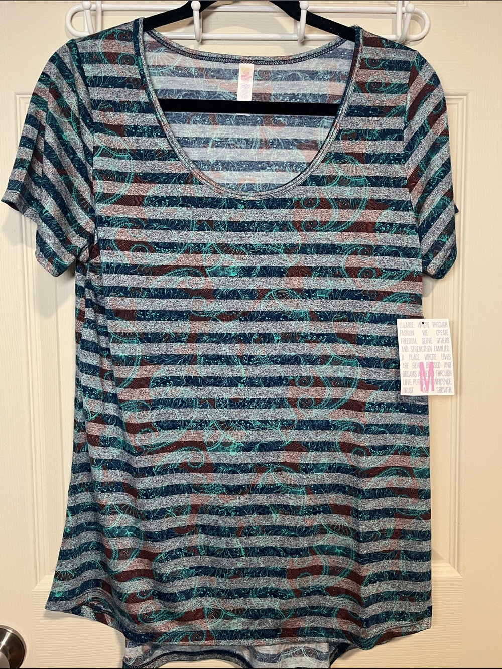LuLaRoe Teal Navy Burgundy Striped Scoop Neck Short Sleeve Top